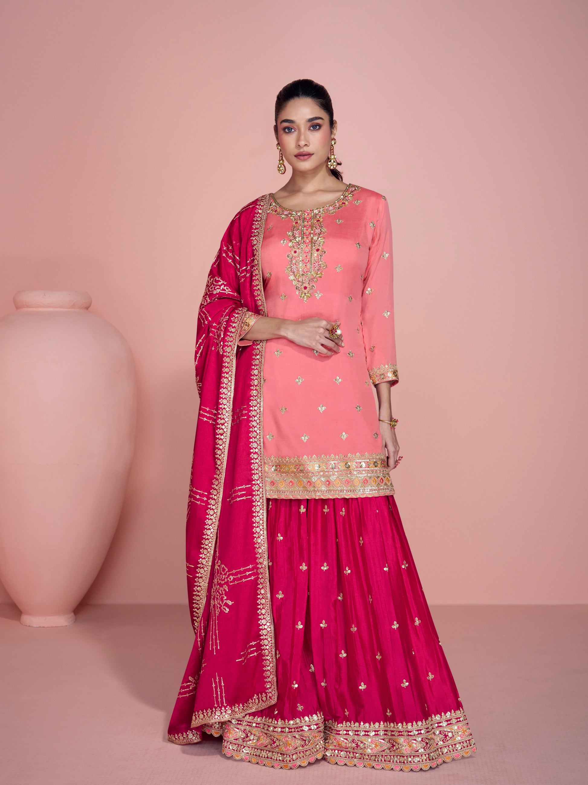 Pink Chinon Silk Embroidered Sharara Suit