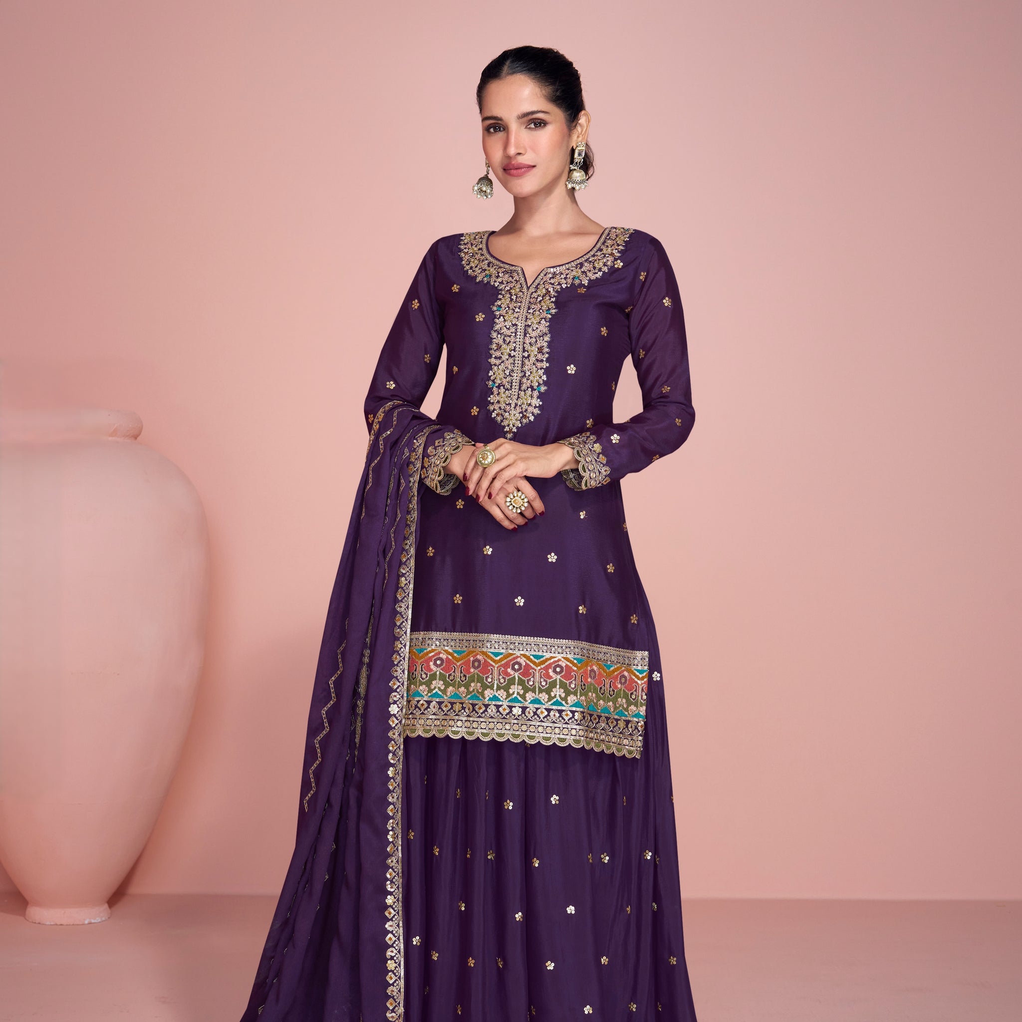 Royal Purple Chinon Silk Embroidered Sharara Suit