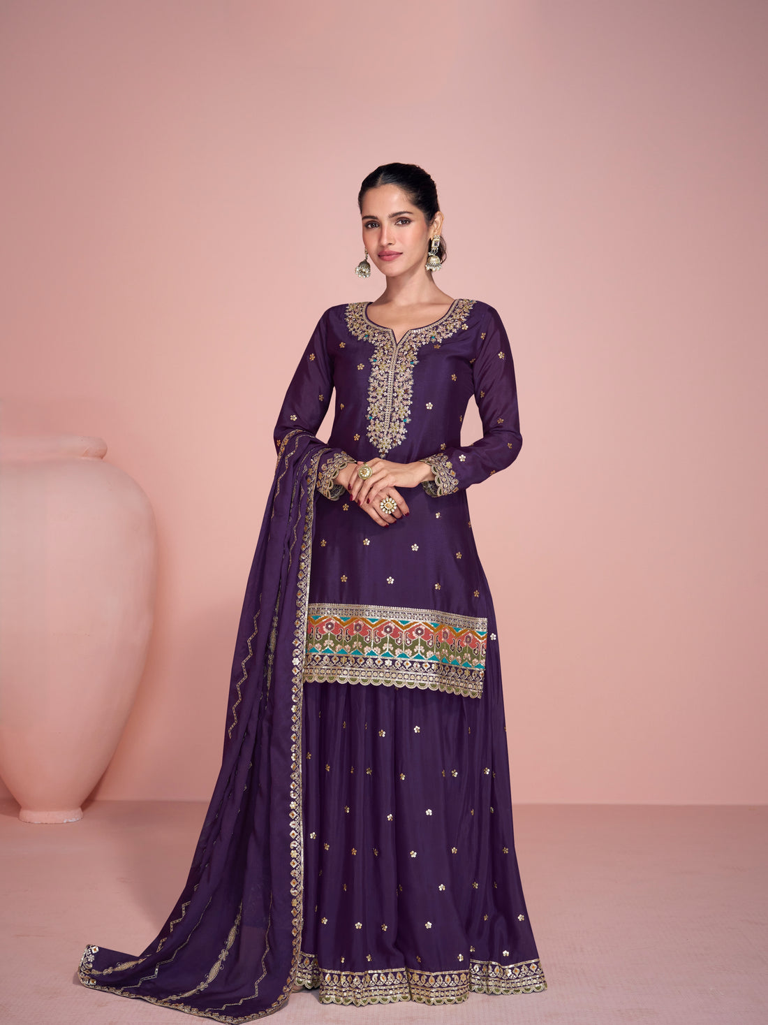 Royal Purple Chinon Silk Embroidered Sharara Suit