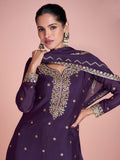 Royal Purple Chinon Silk Embroidered Sharara Suit