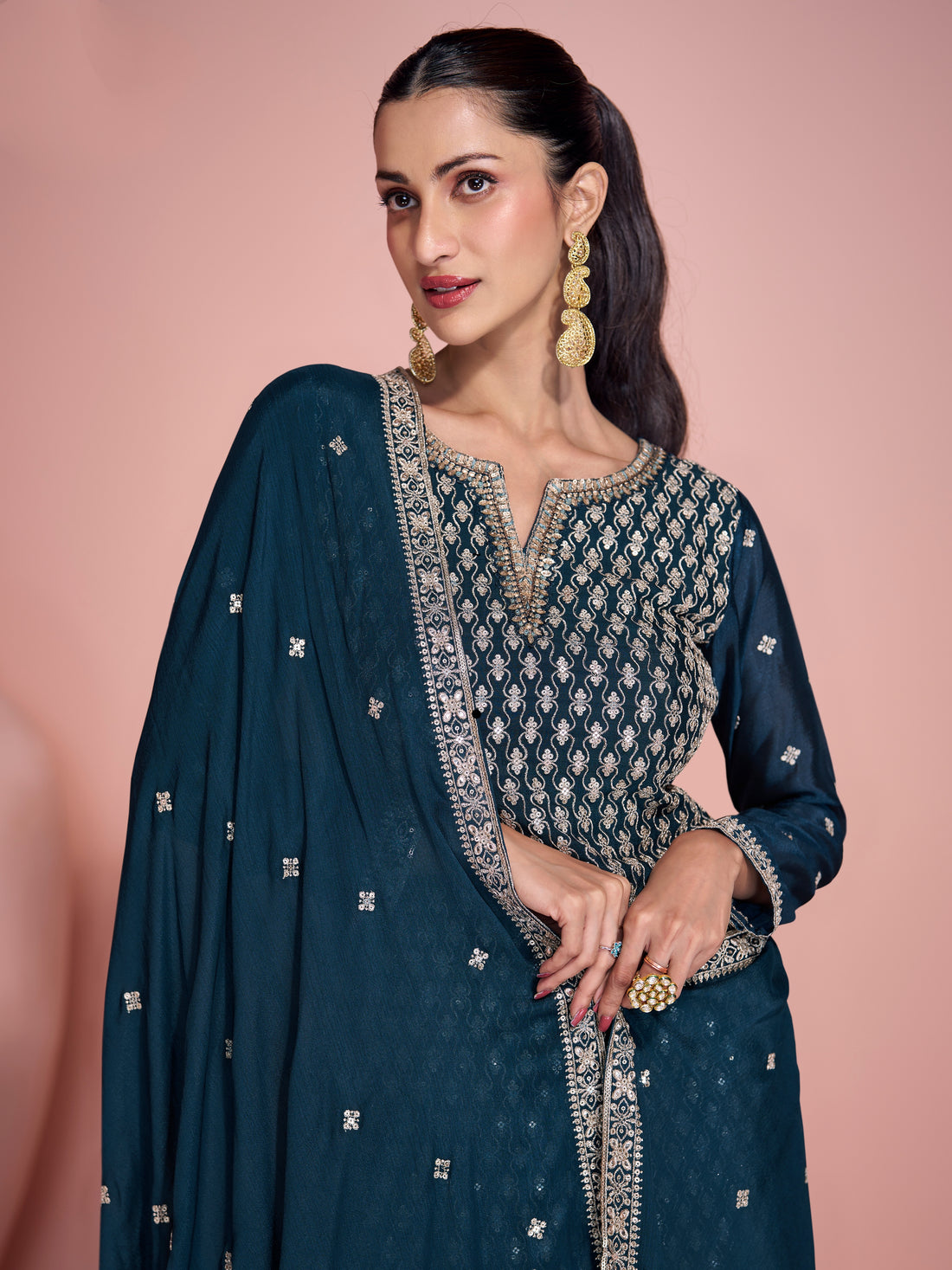 Teal Blue Chinon Silk Embroidered Sharara Suit