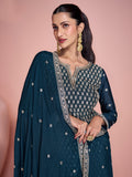 Teal Blue Chinon Silk Embroidered Sharara Suit