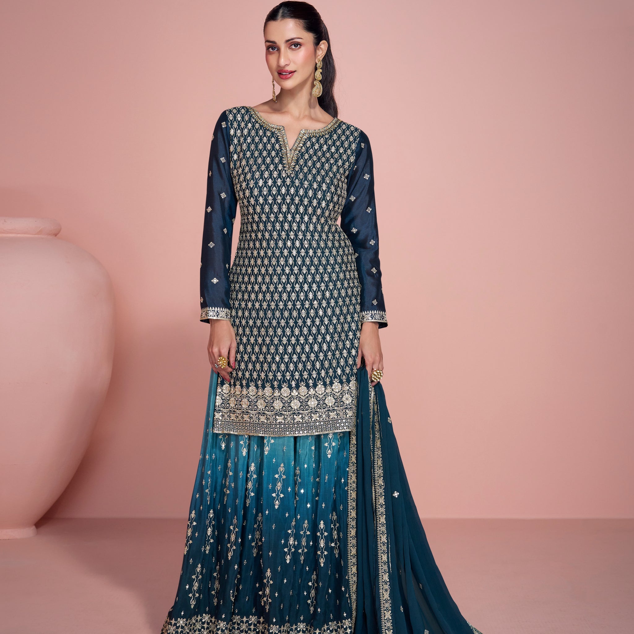 Teal Blue Chinon Silk Embroidered Sharara Suit