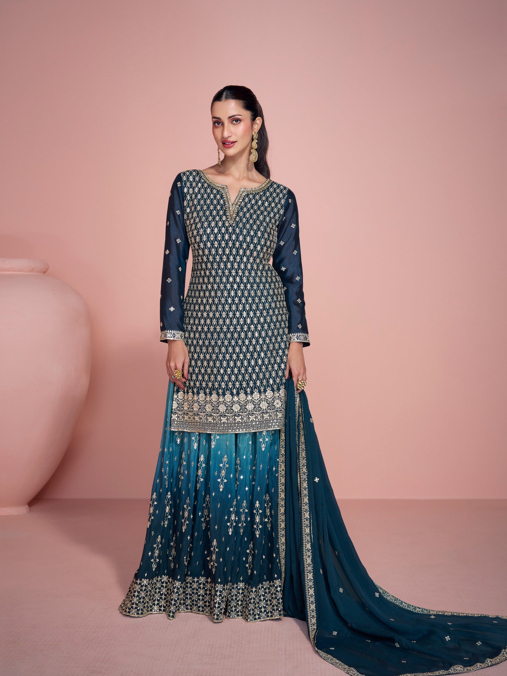 Teal Blue Chinon Silk Embroidered Sharara Suit