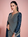 Teal Blue Chinon Silk Embroidered Sharara Suit