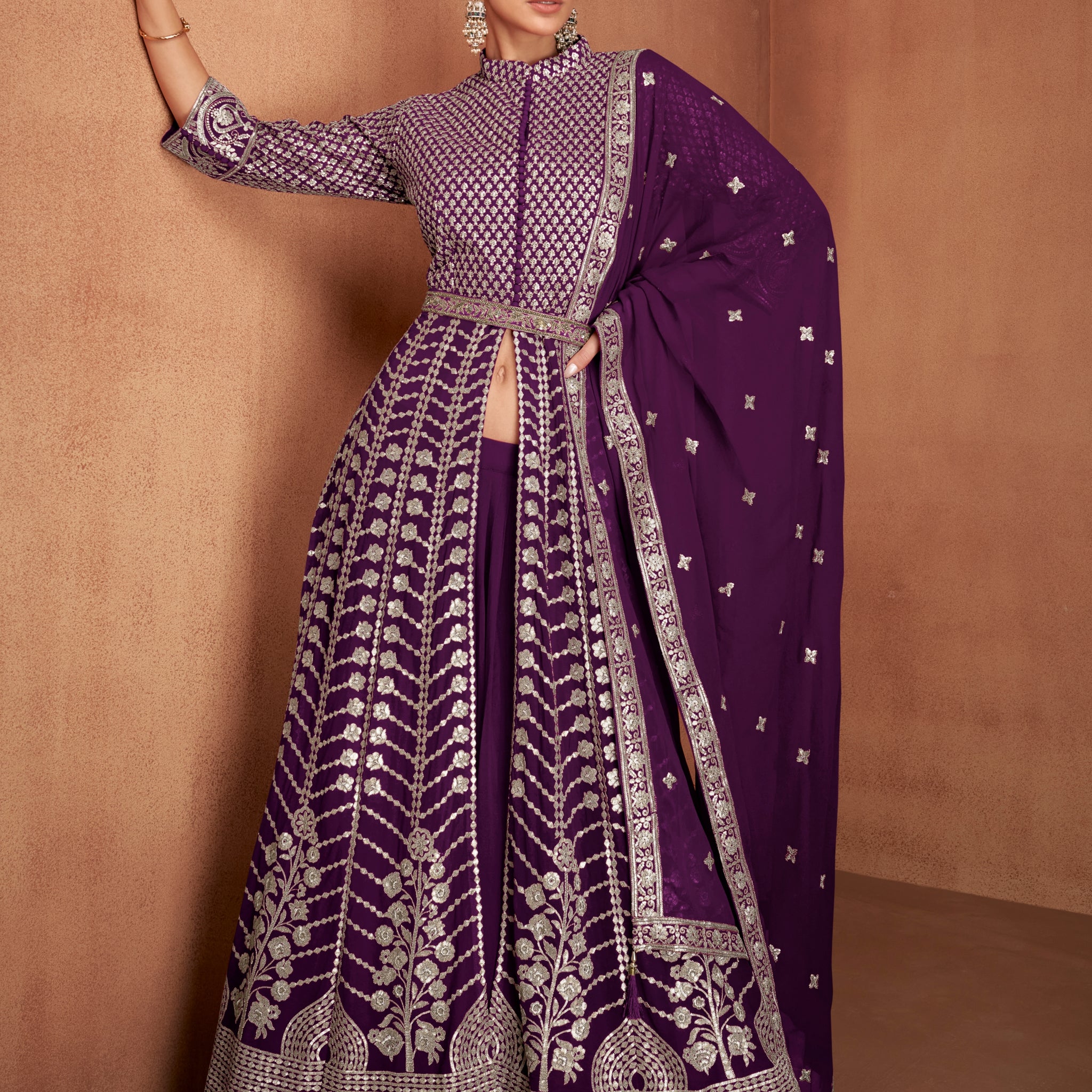 Deep Plum Real Georgette Embroidered Anarkali Suit