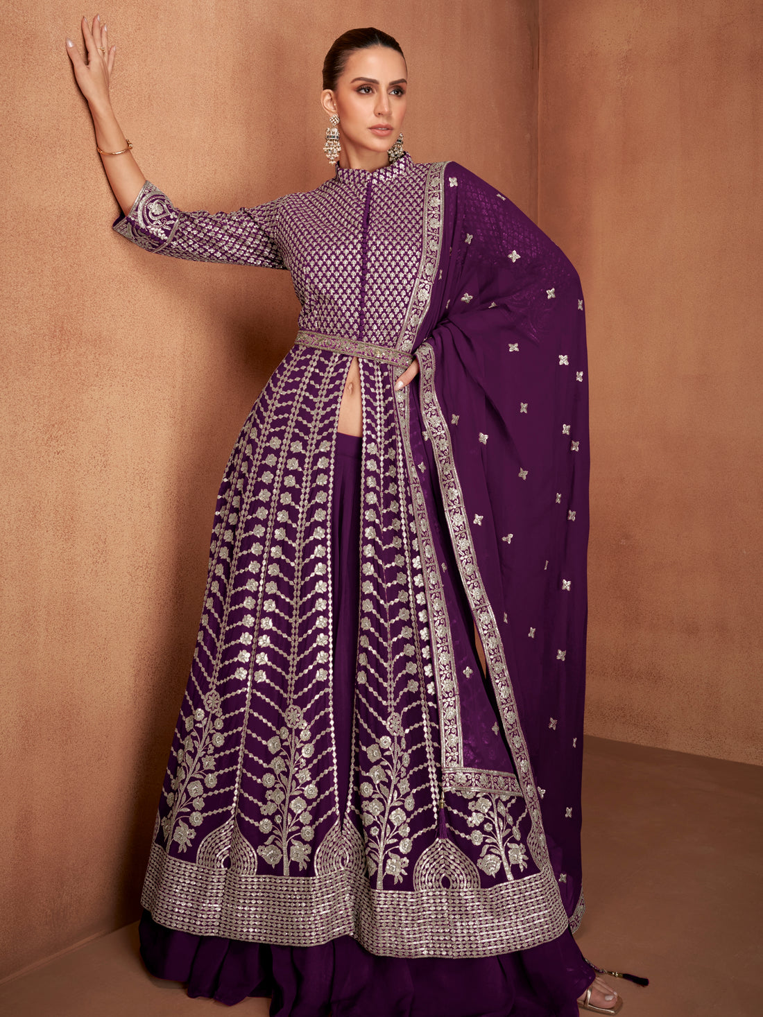 Deep Plum Real Georgette Embroidered Anarkali Suit