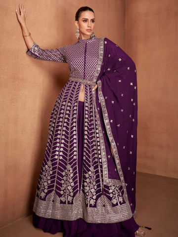 Deep Plum Real Georgette Embroidered Anarkali Suit