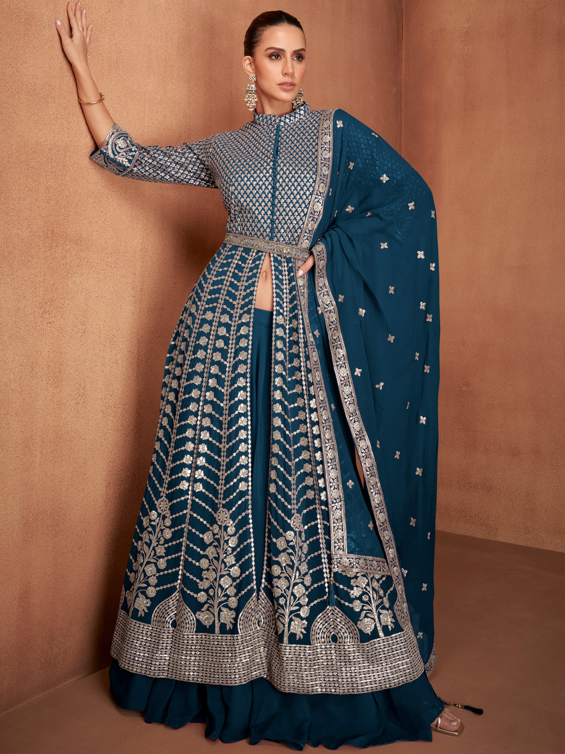 Midnight Blue Real Georgette Embroidered Anarkali Suit