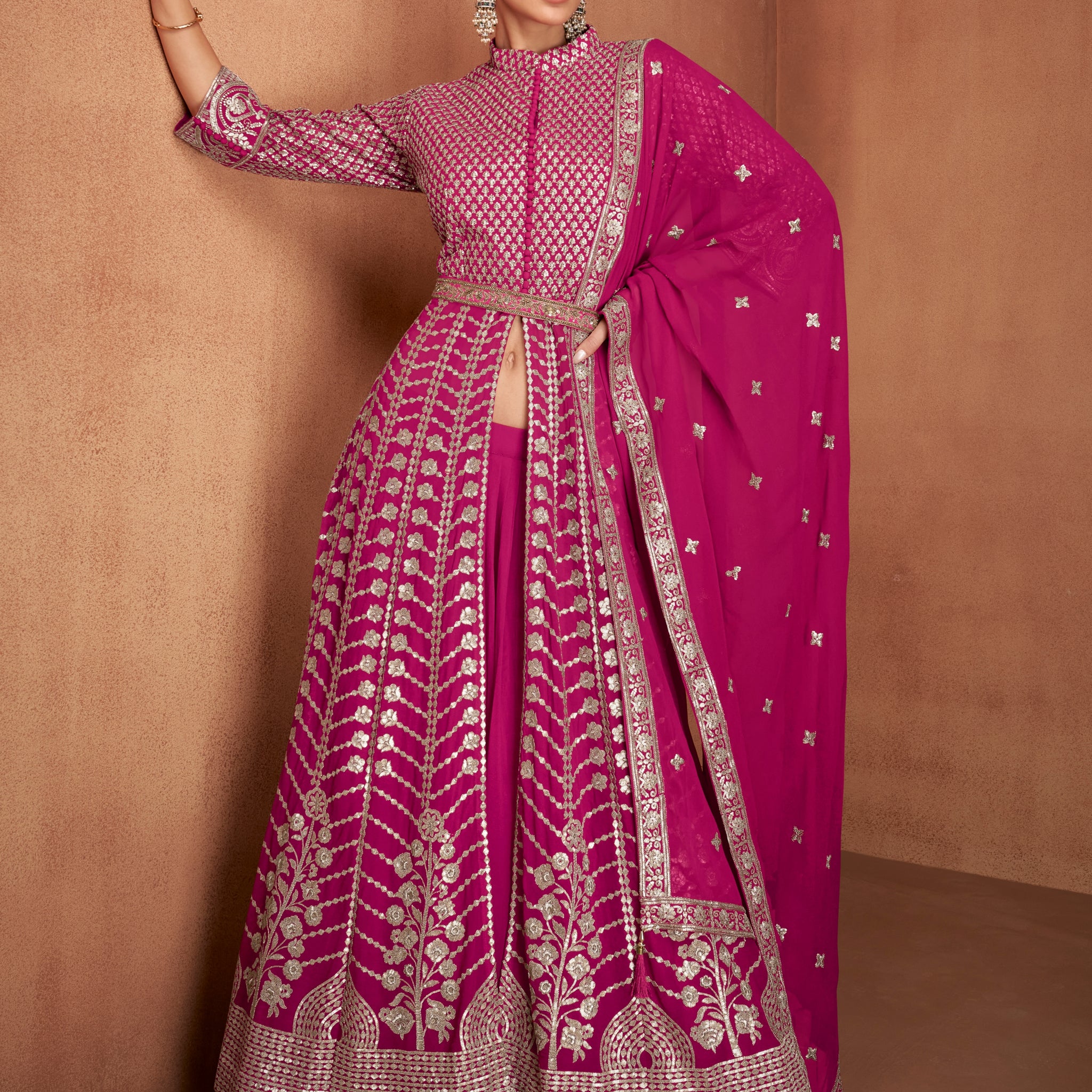 Magenta Pink Real Georgette Embroidered Anarkali Suit