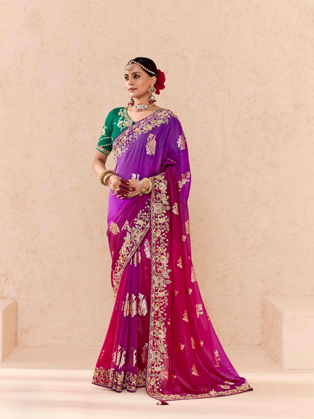 Majestic Magenta Viscose Bemberg Designer Saree