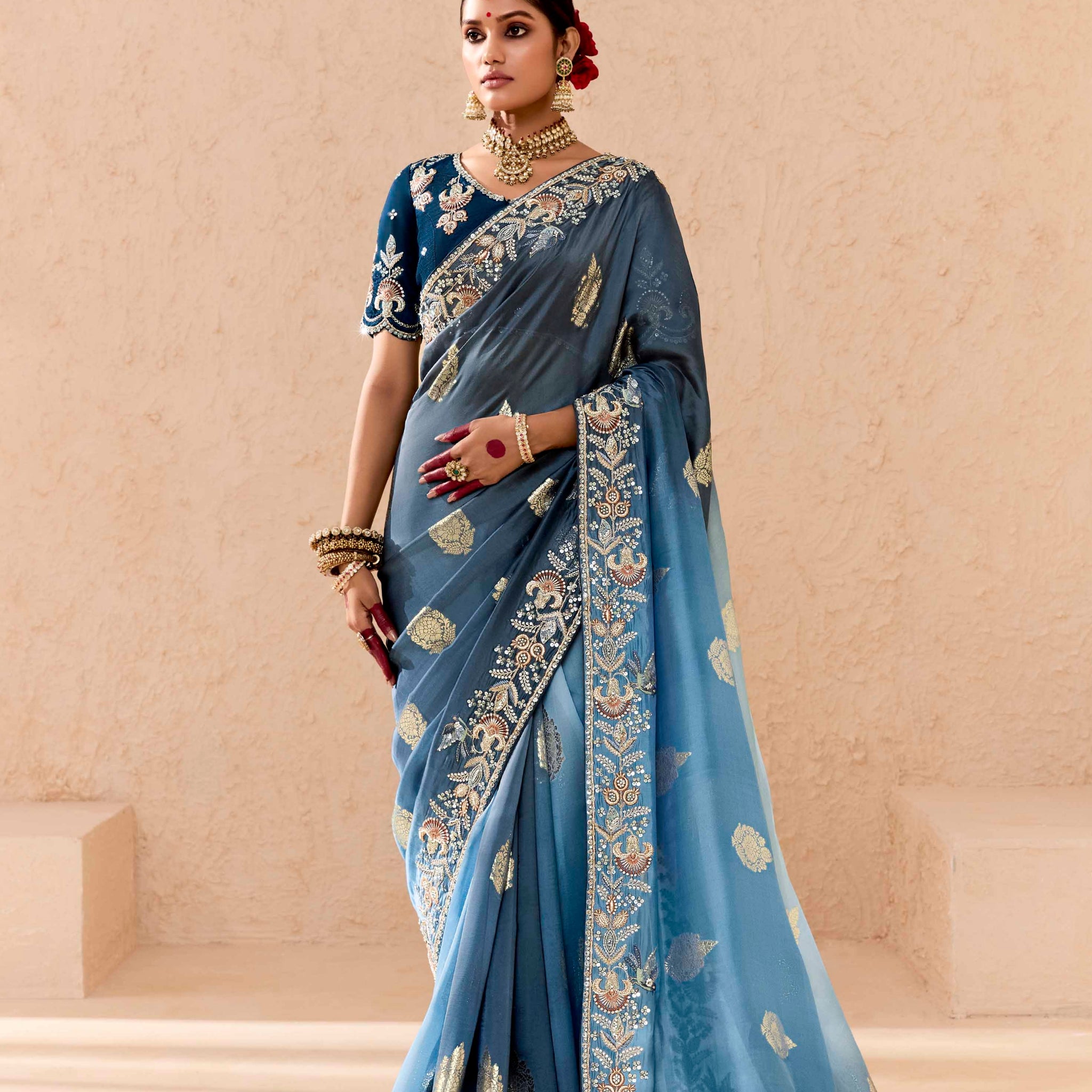 Sky Blue Embroidered Viscose Bemberg Designer Saree