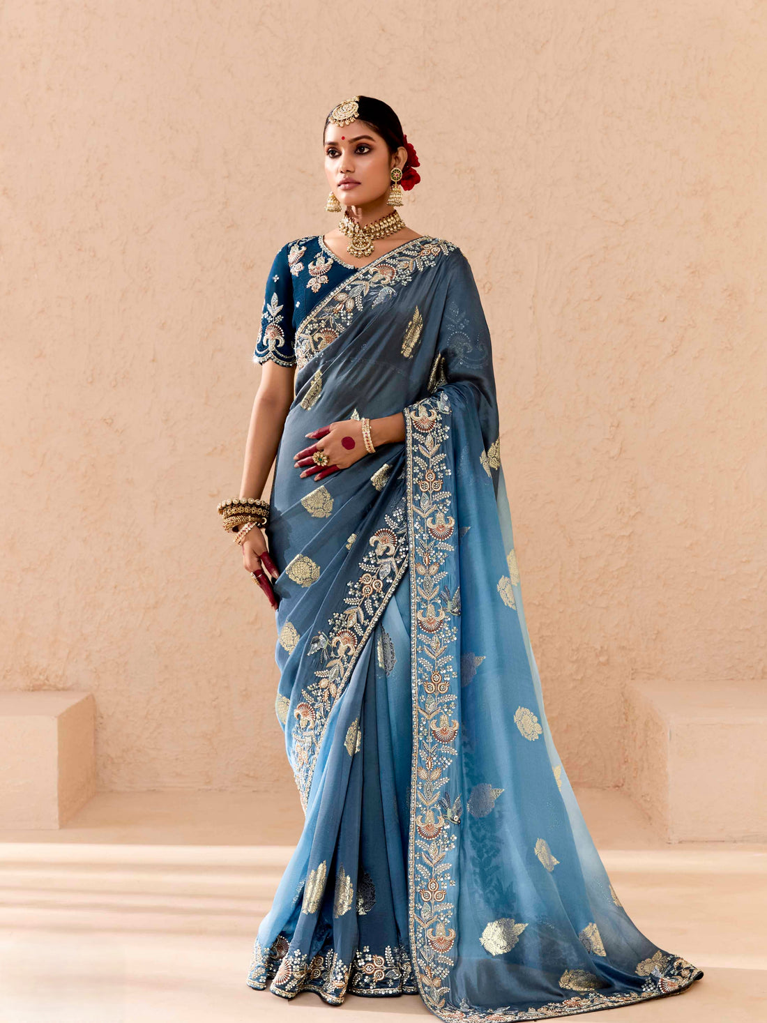 Sky Blue Embroidered Viscose Bemberg Designer Saree