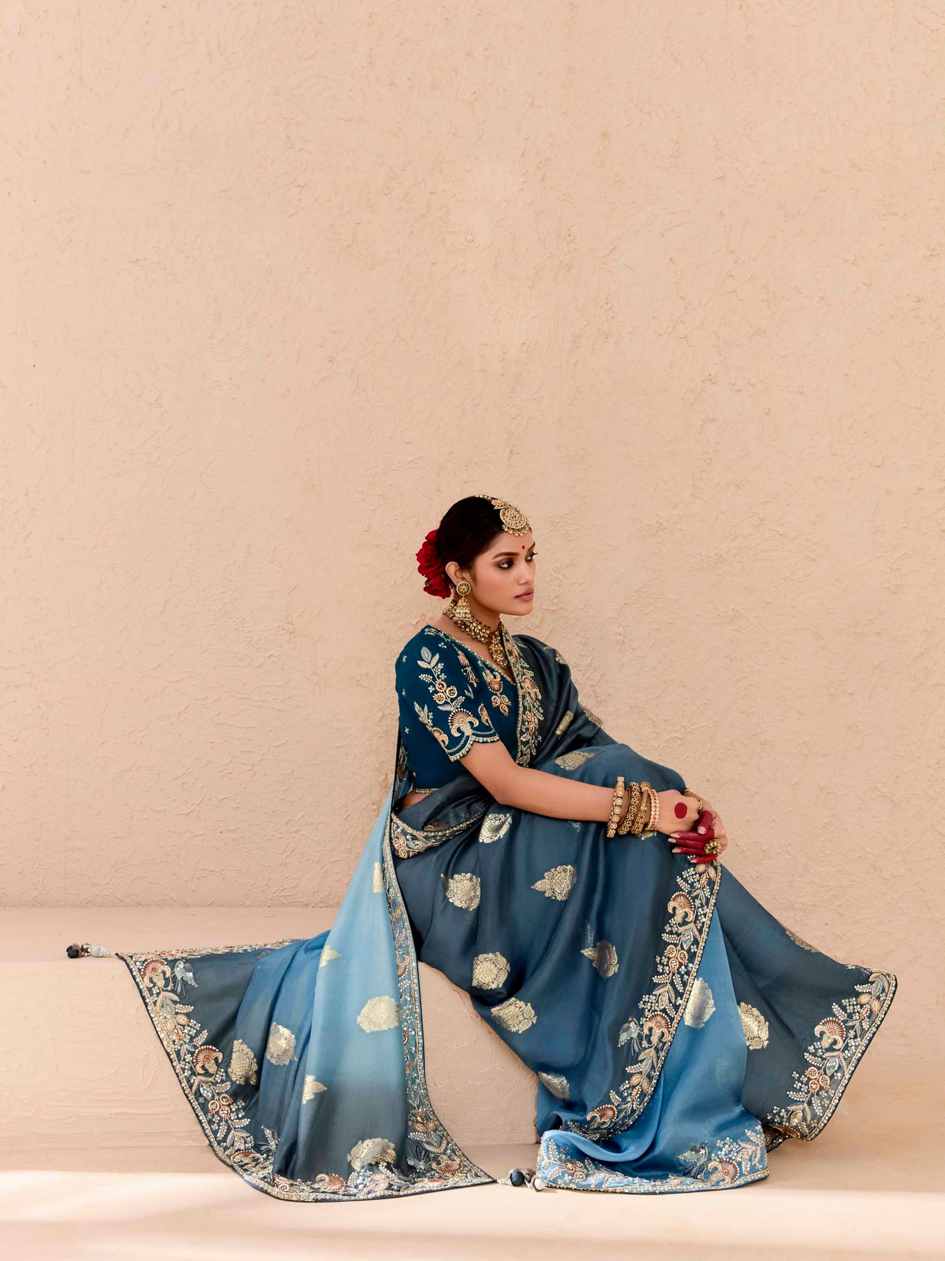 Sky Blue Embroidered Viscose Bemberg Designer Saree