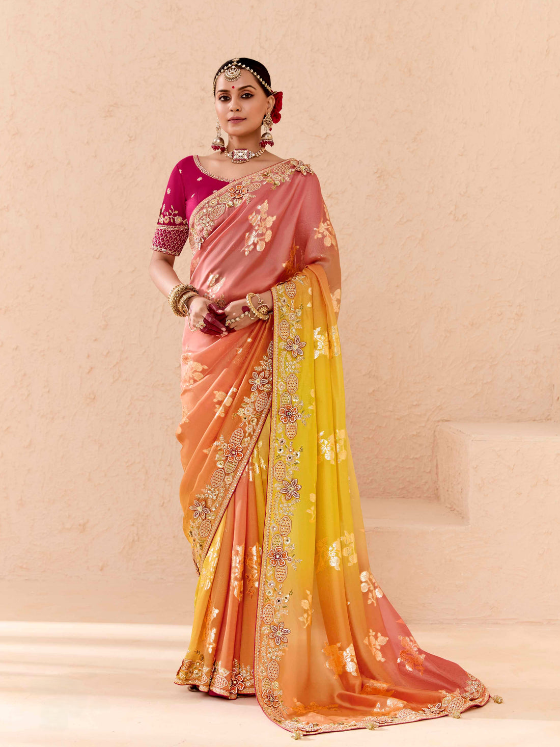 Ombre Peach & Yellow Viscose Bemberg Designer Saree