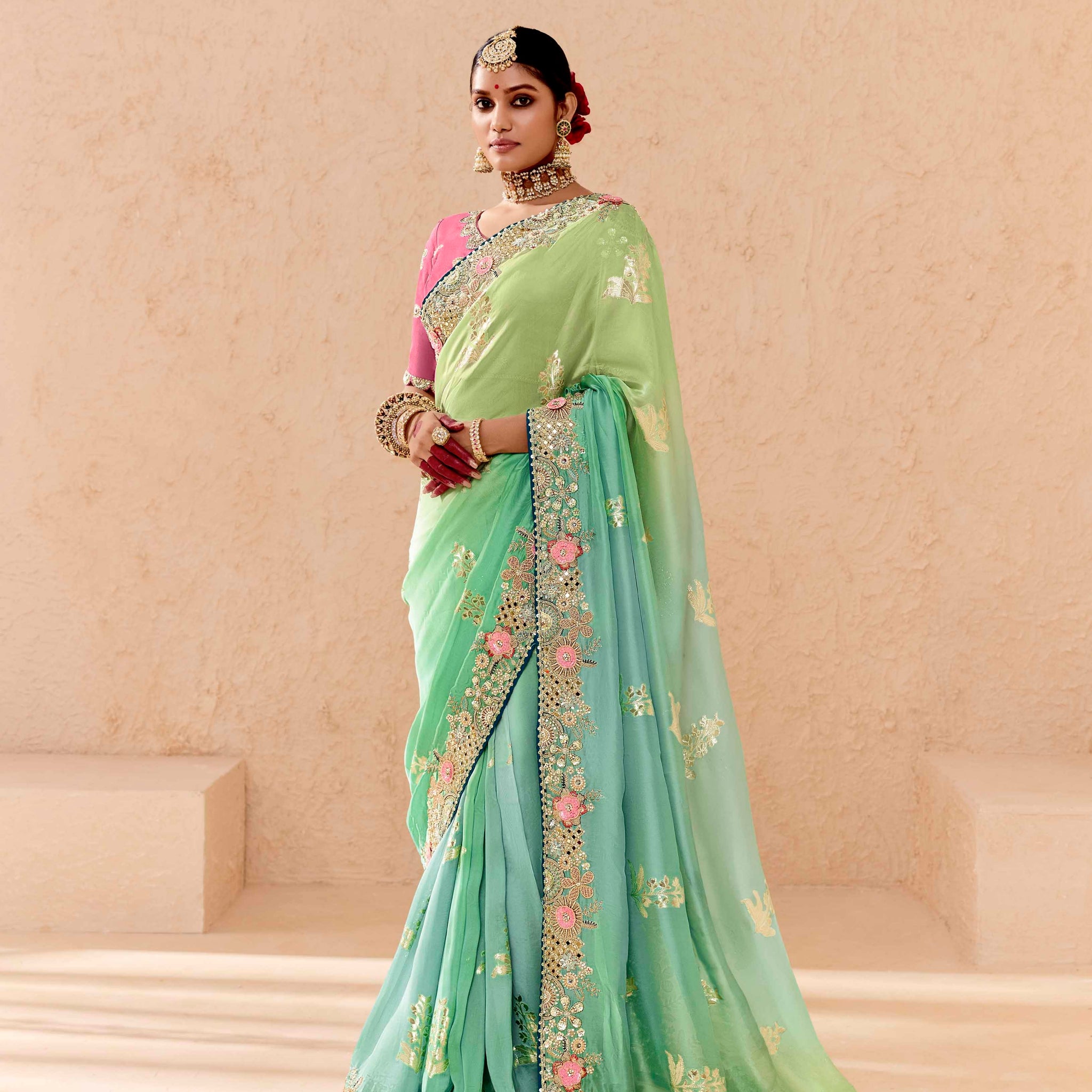 Pastel Mint Green Viscose Bemberg Designer Saree