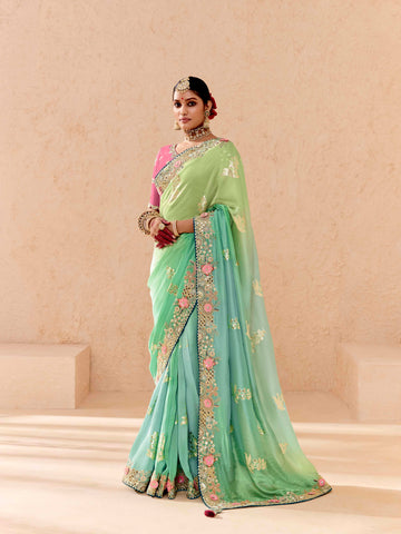 Pastel Mint Green Viscose Bemberg Designer Saree