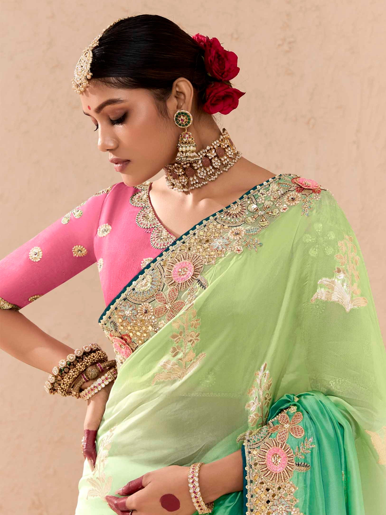 Pastel Mint Green Viscose Bemberg Designer Saree