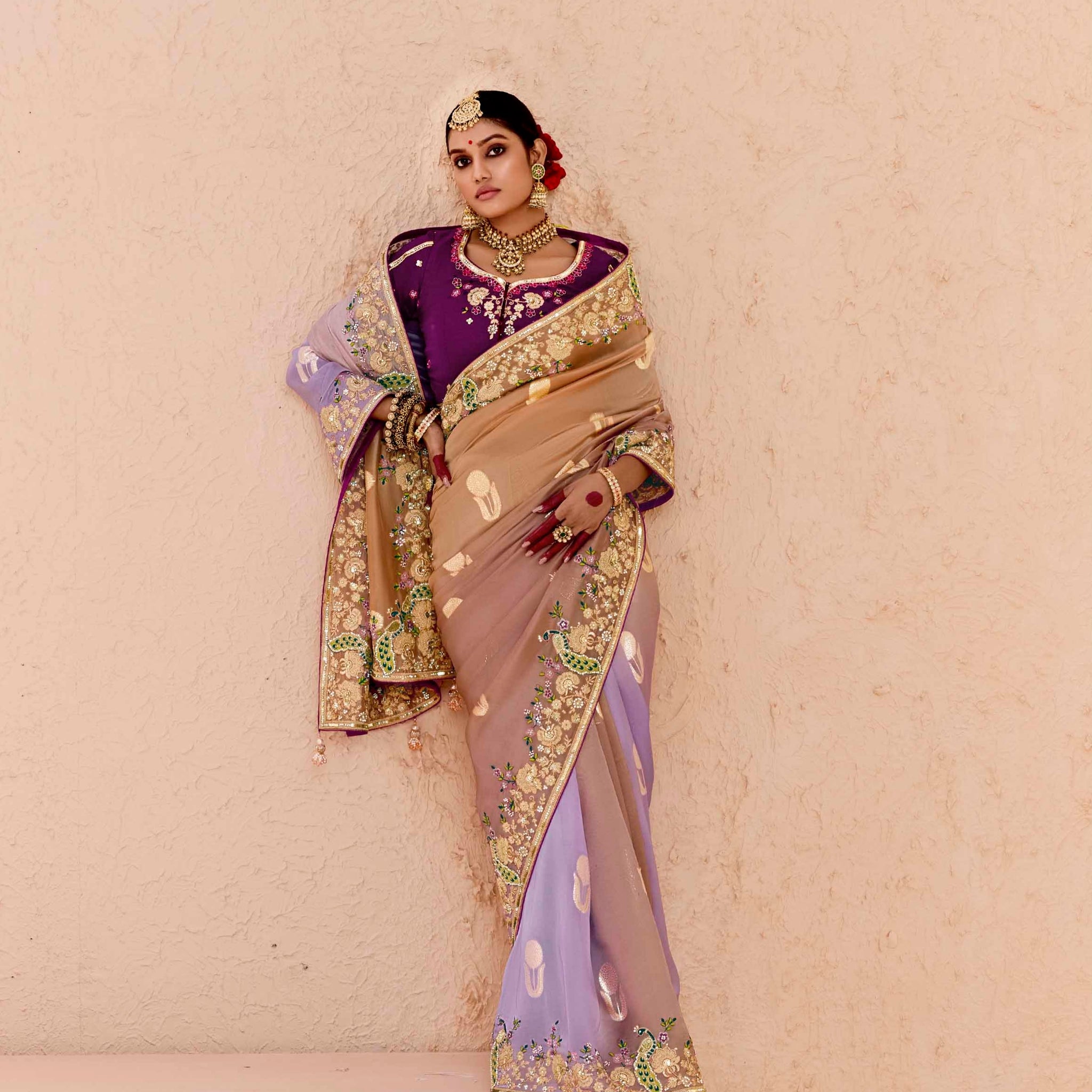 Beige & Lavender Viscose Bemberg Designer Saree