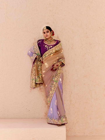 Beige & Lavender Viscose Bemberg Designer Saree