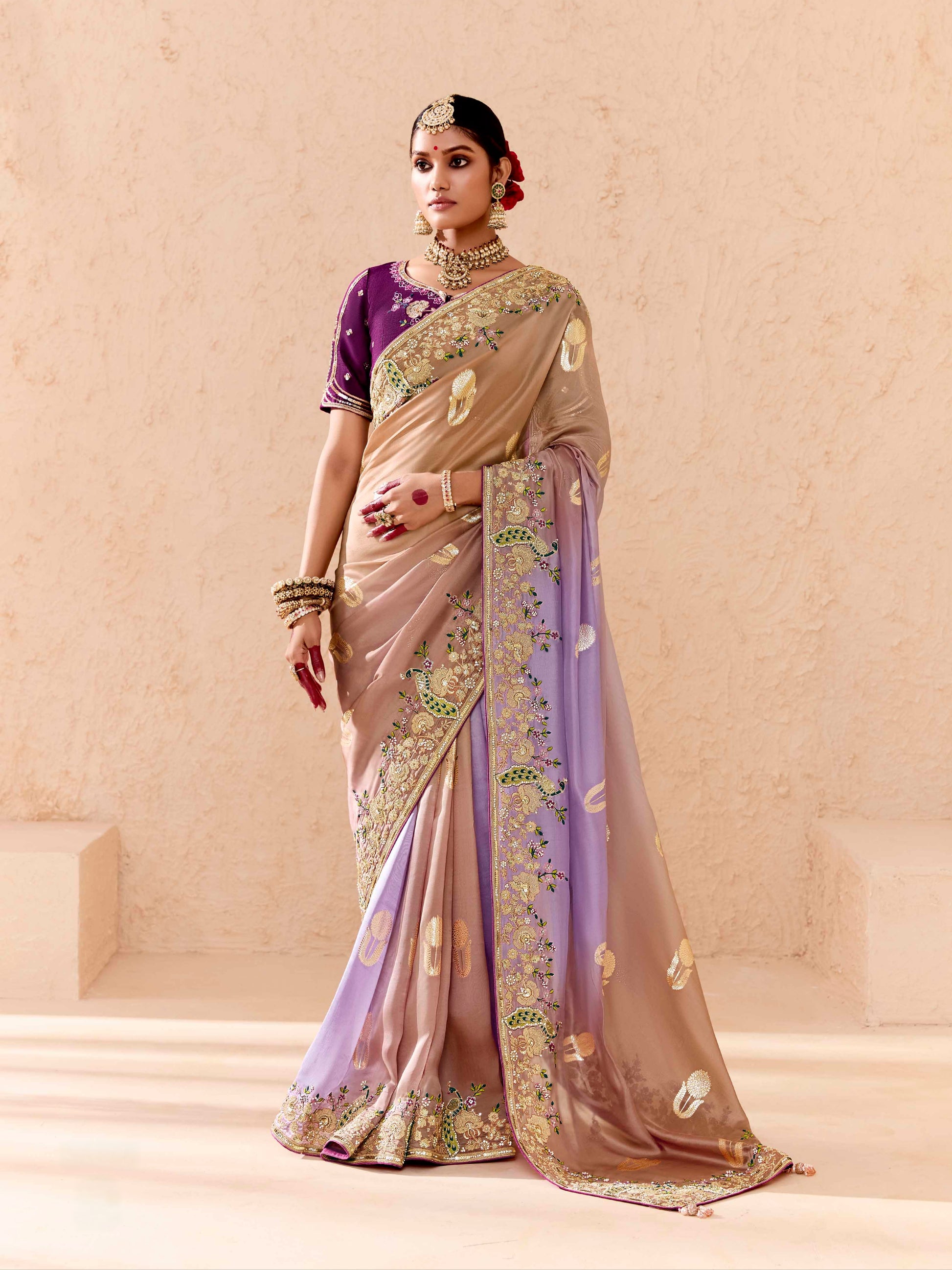 Beige & Lavender Viscose Bemberg Designer Saree