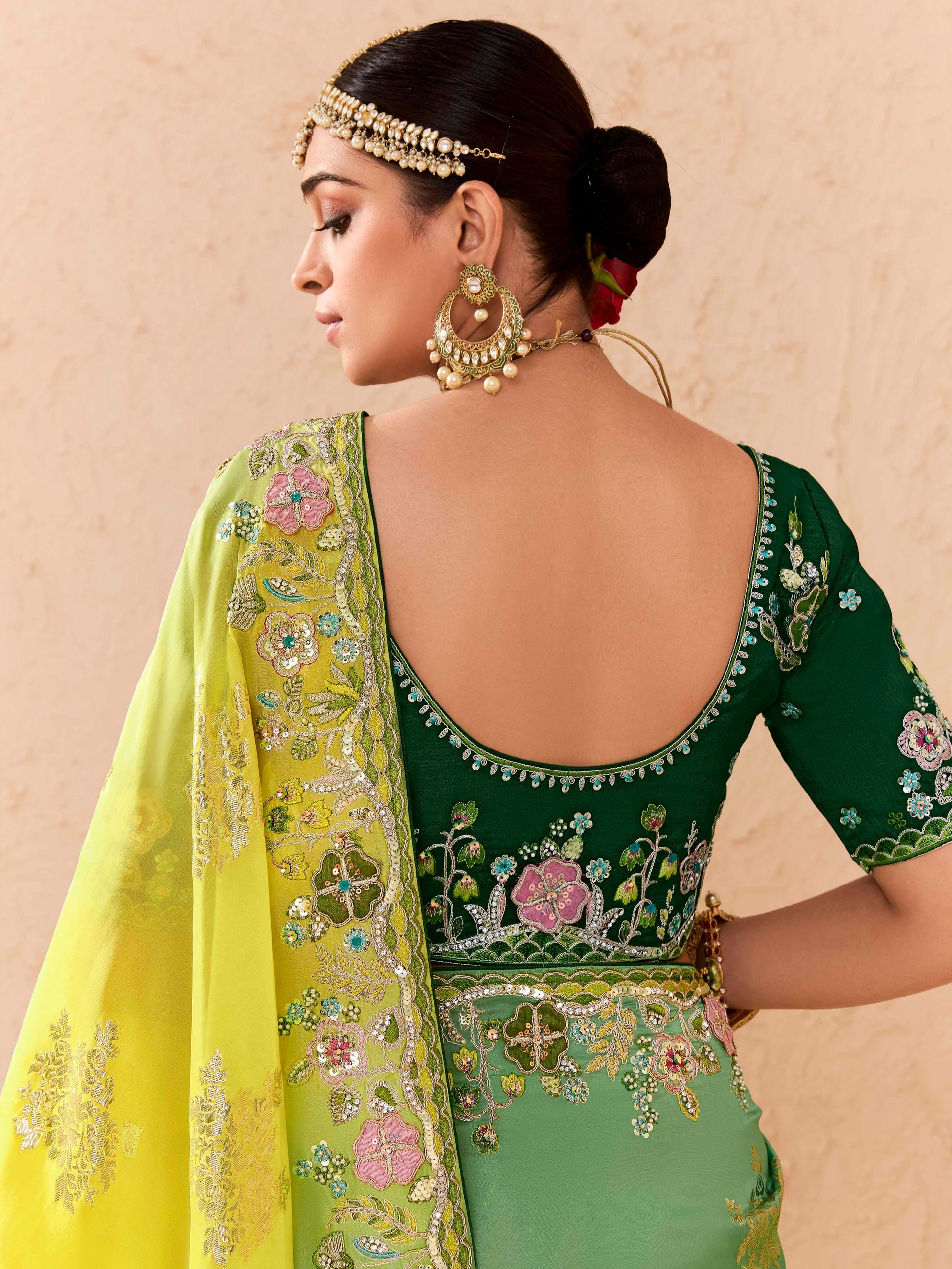 Lime Green & Yellow Viscose Bemberg Designer Saree