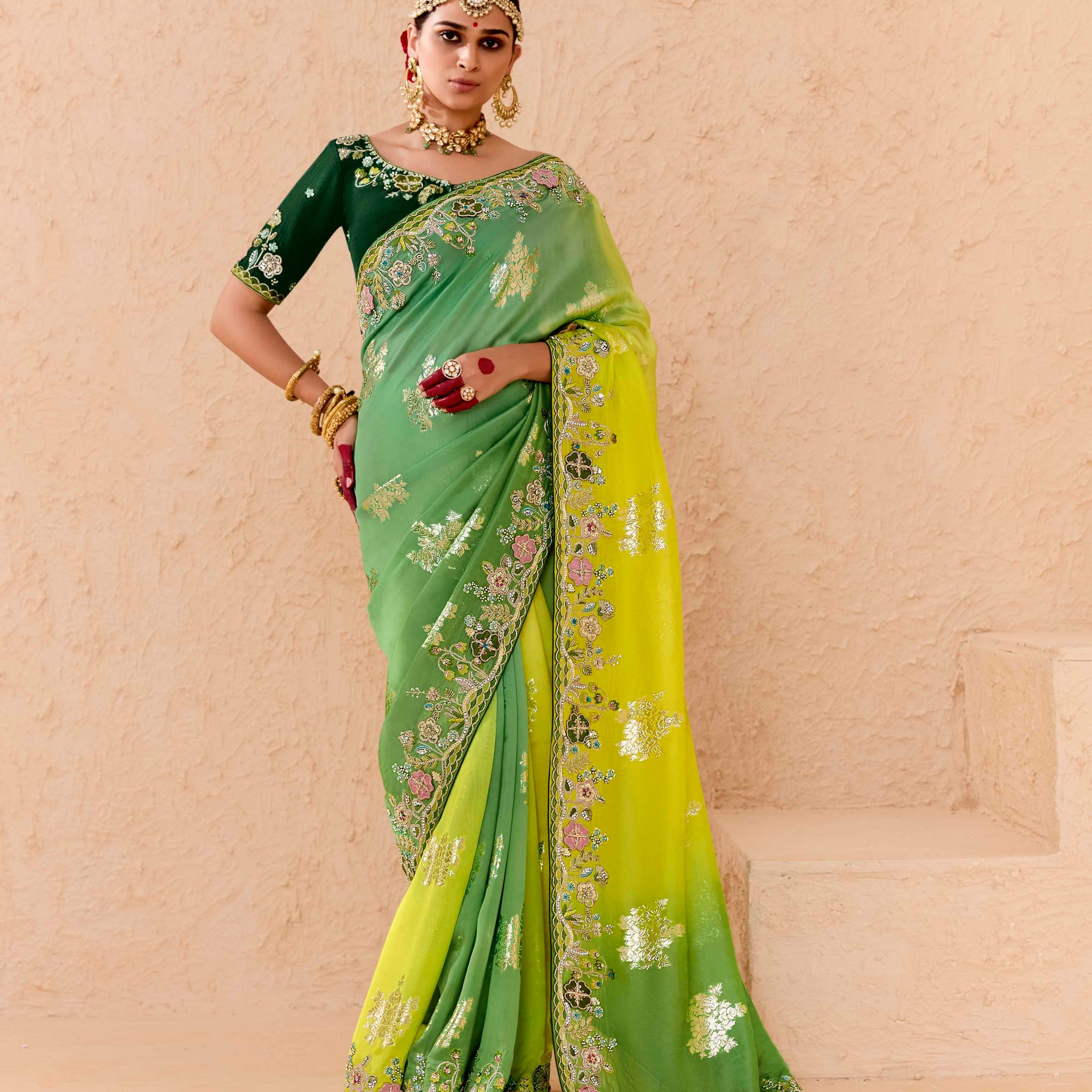 Lime Green & Yellow Viscose Bemberg Designer Saree