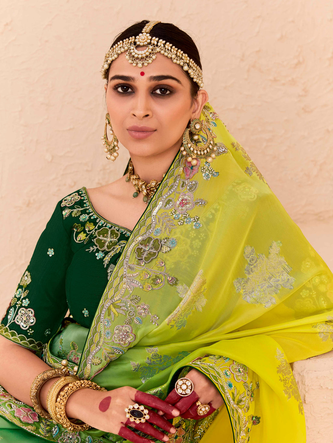 Lime Green & Yellow Viscose Bemberg Designer Saree