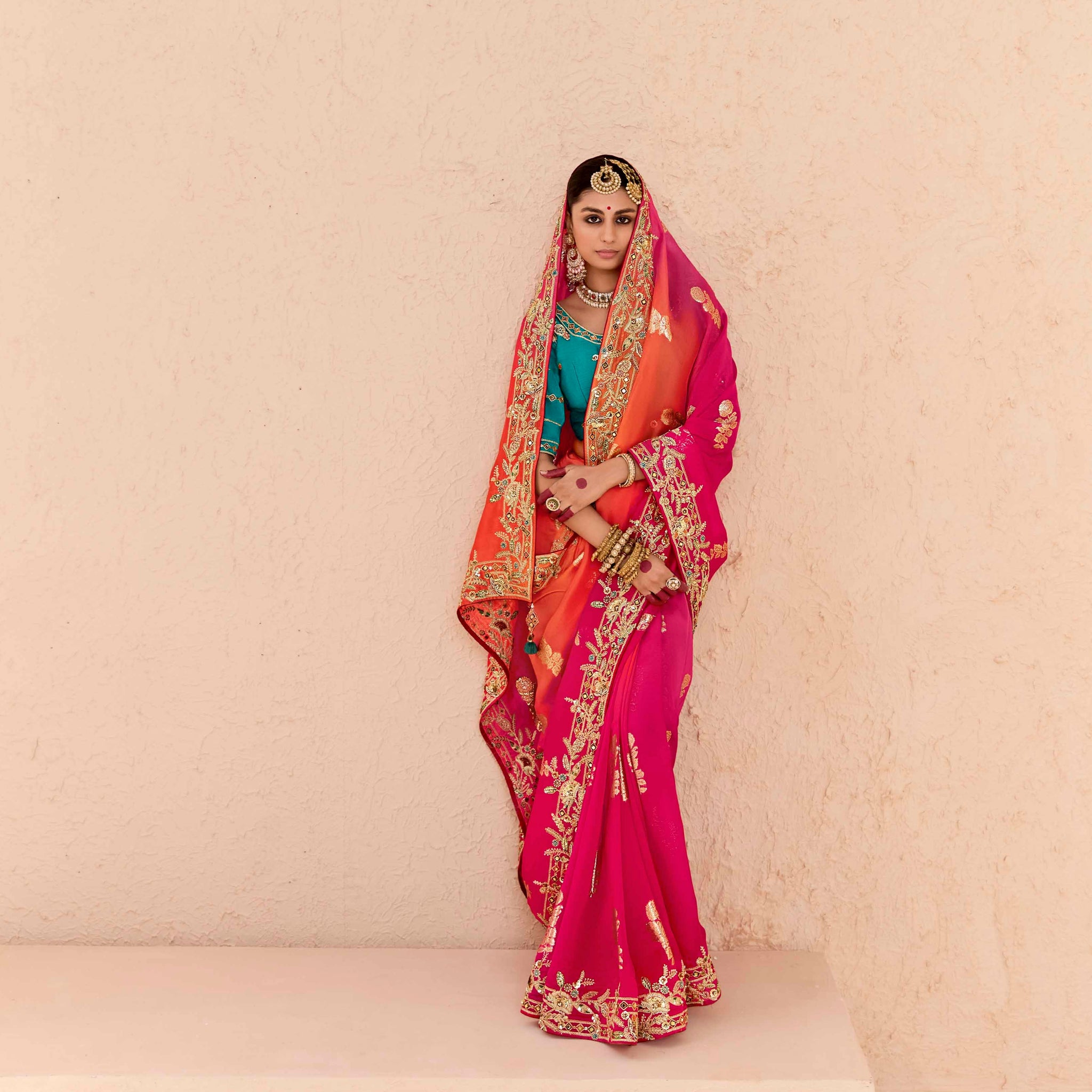 Bright Pink & Blue Viscose Bemberg Designer Saree