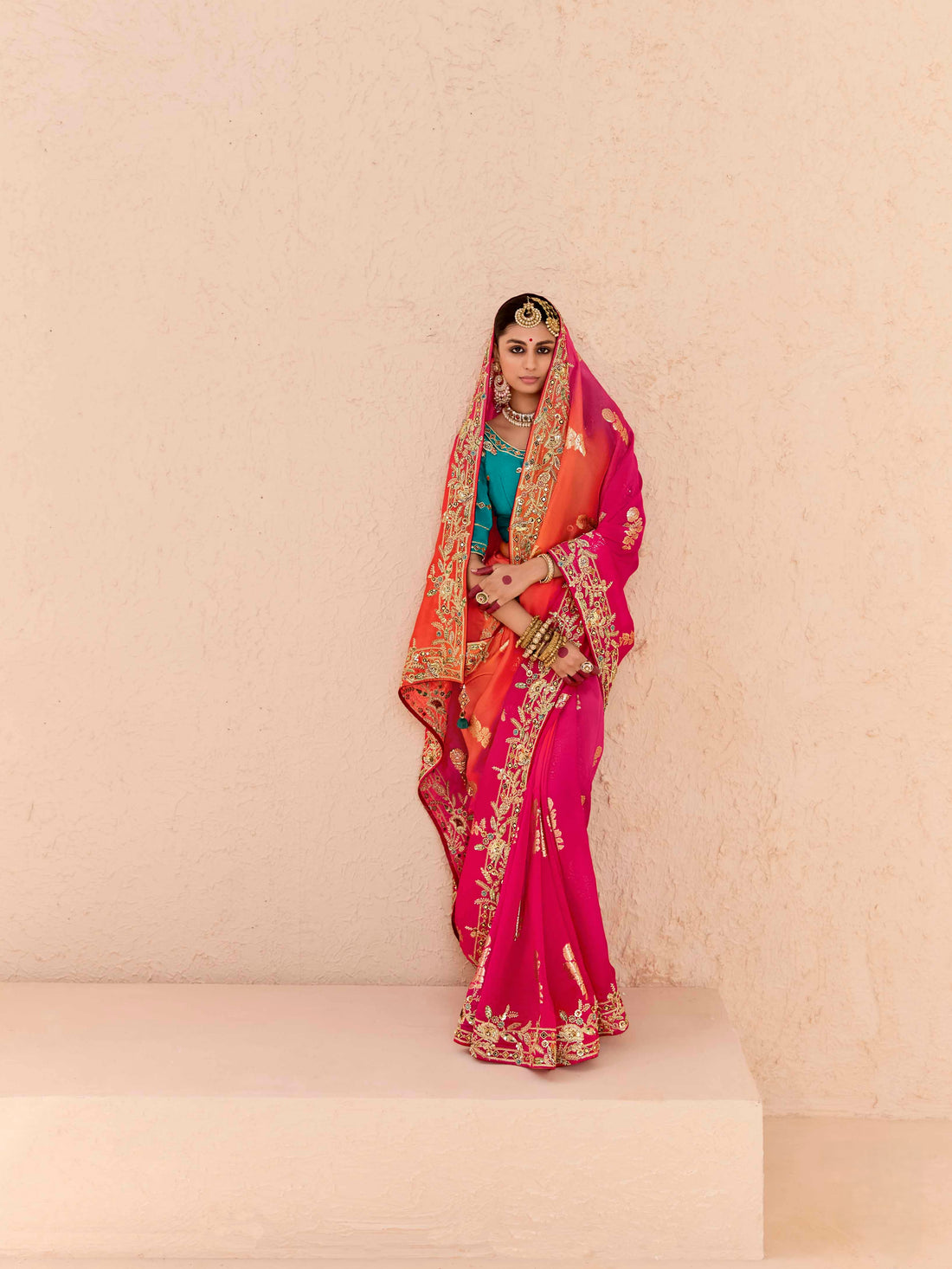 Bright Pink & Blue Viscose Bemberg Designer Saree