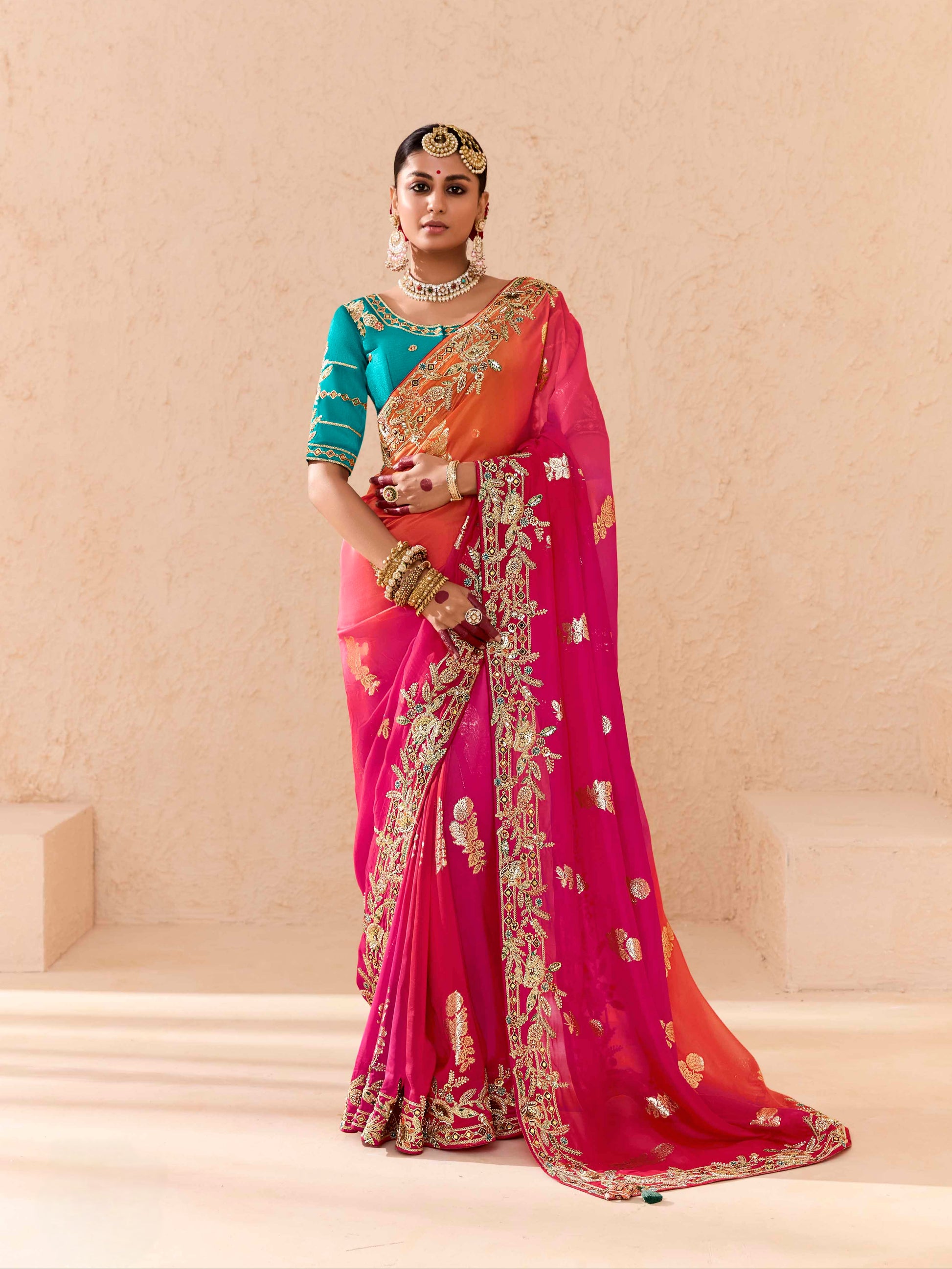 Bright Pink & Blue Viscose Bemberg Designer Saree