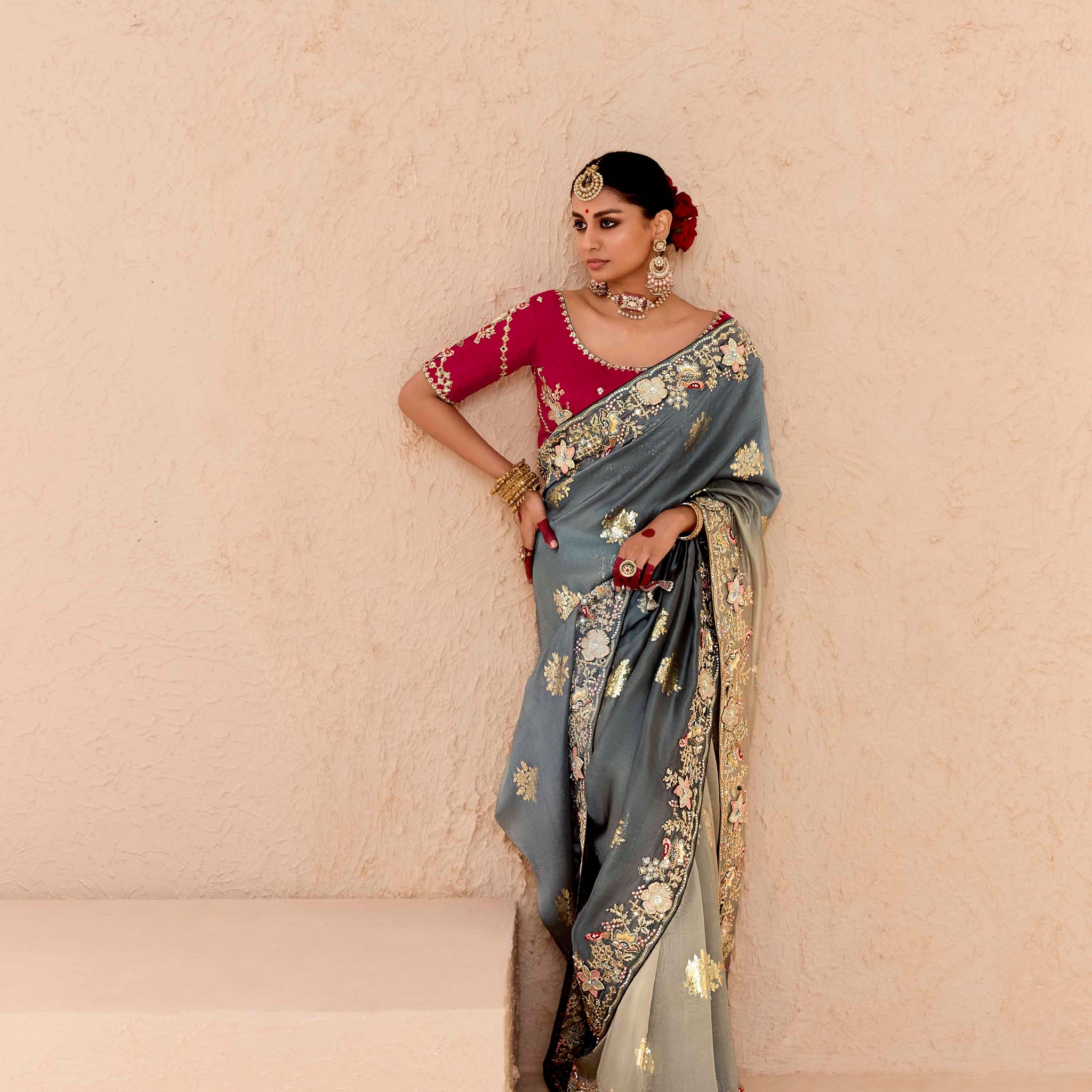 Greyish Blue Viscose Bemberg Designer Saree