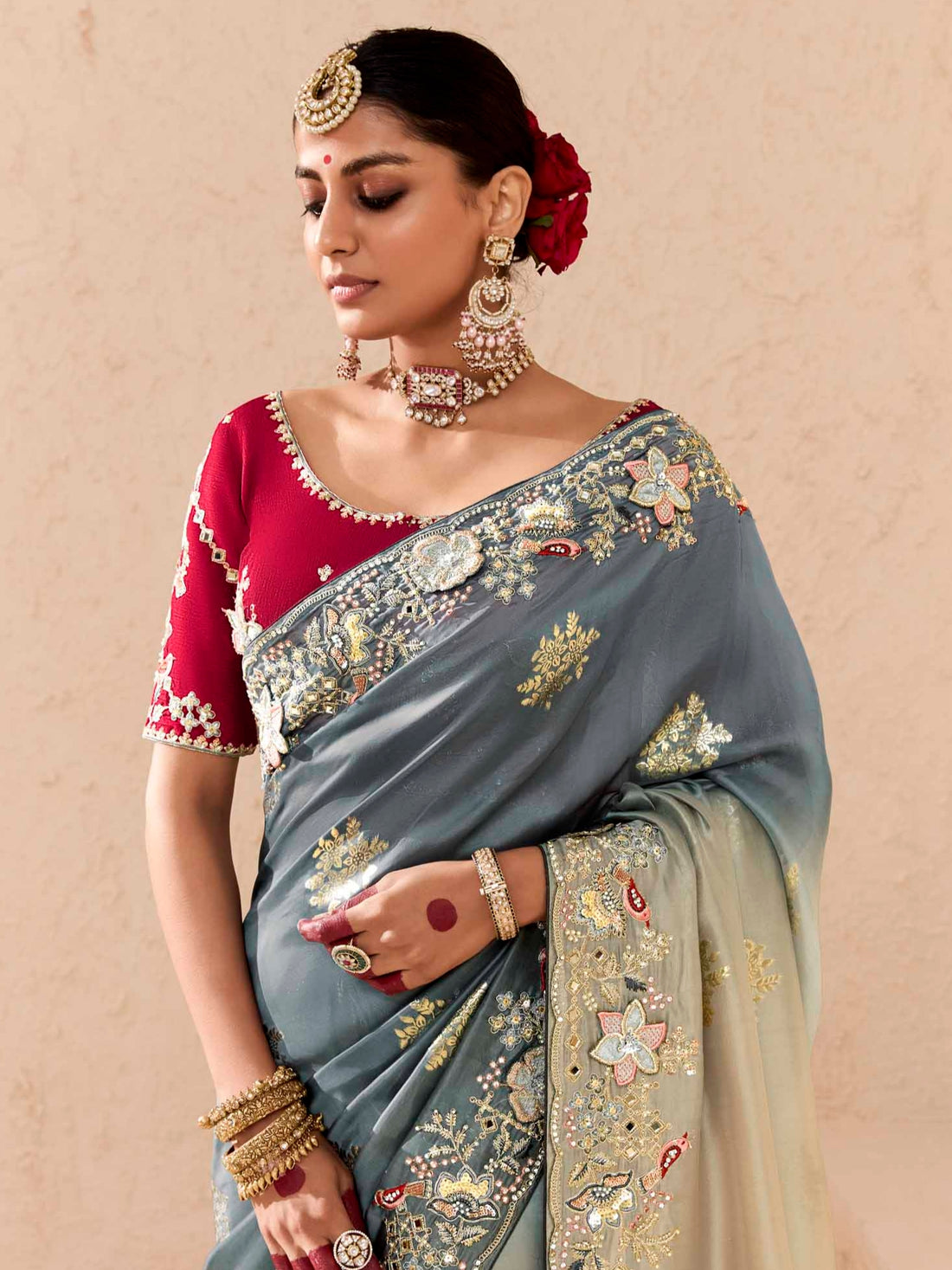 Greyish Blue Viscose Bemberg Designer Saree