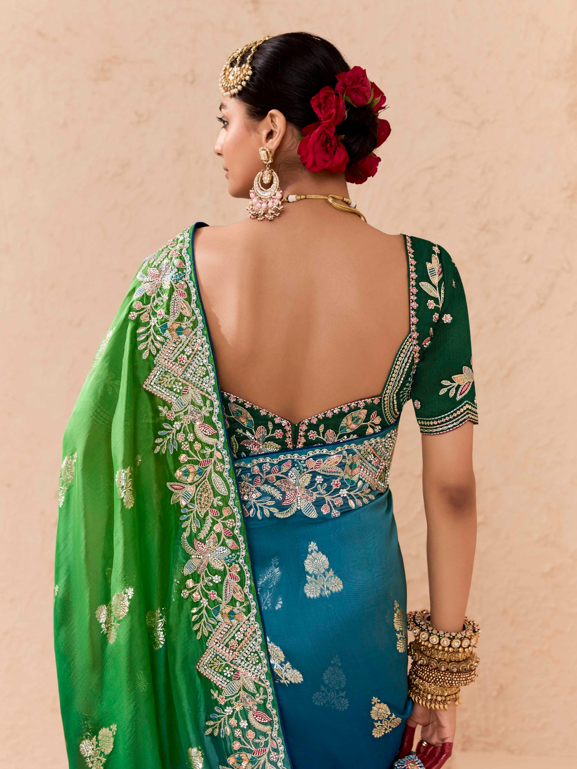 Dark Green Viscose Bemberg Designer Saree