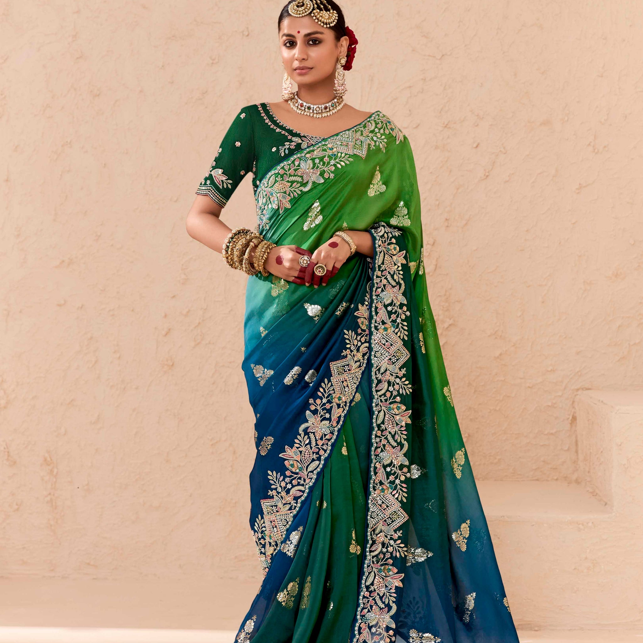 Dark Green Viscose Bemberg Designer Saree