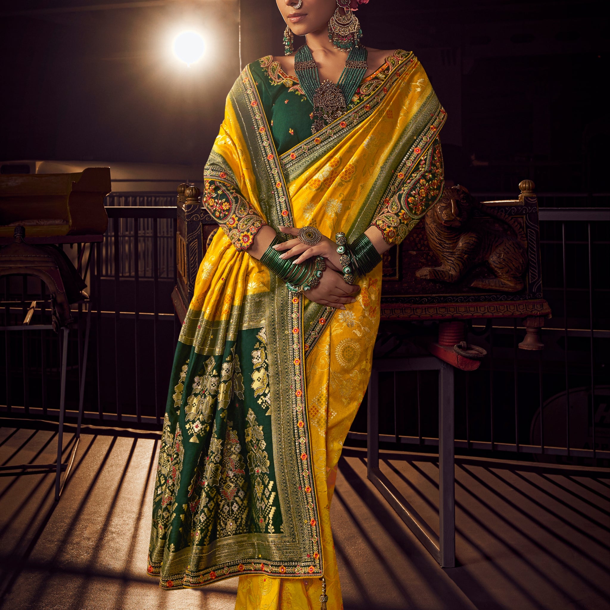 Mustard Yellow & Green Pure Viscose Dola Banarasi Saree