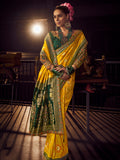 Mustard Yellow & Green Pure Viscose Dola Banarasi Saree