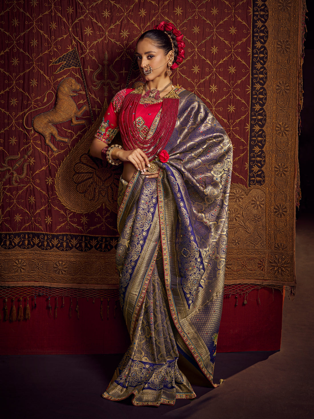 Grey & Red Pure Viscose Dola Banarasi Saree