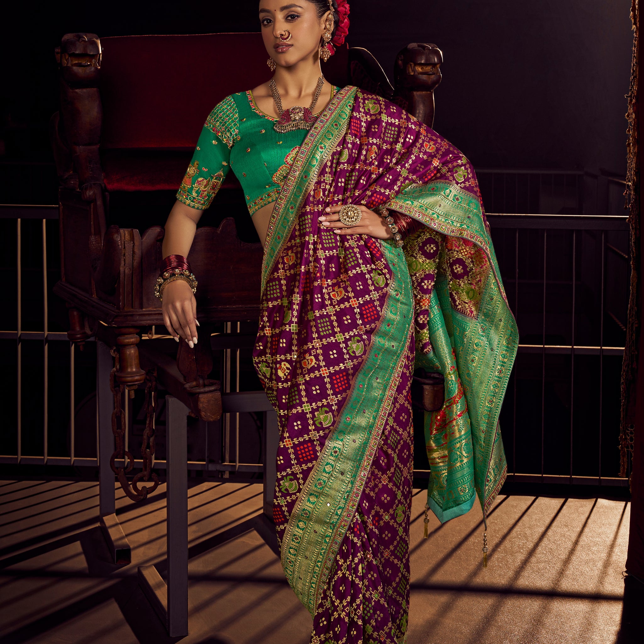 Deep Maroon & Green Pure Viscose Dola Banarasi Saree