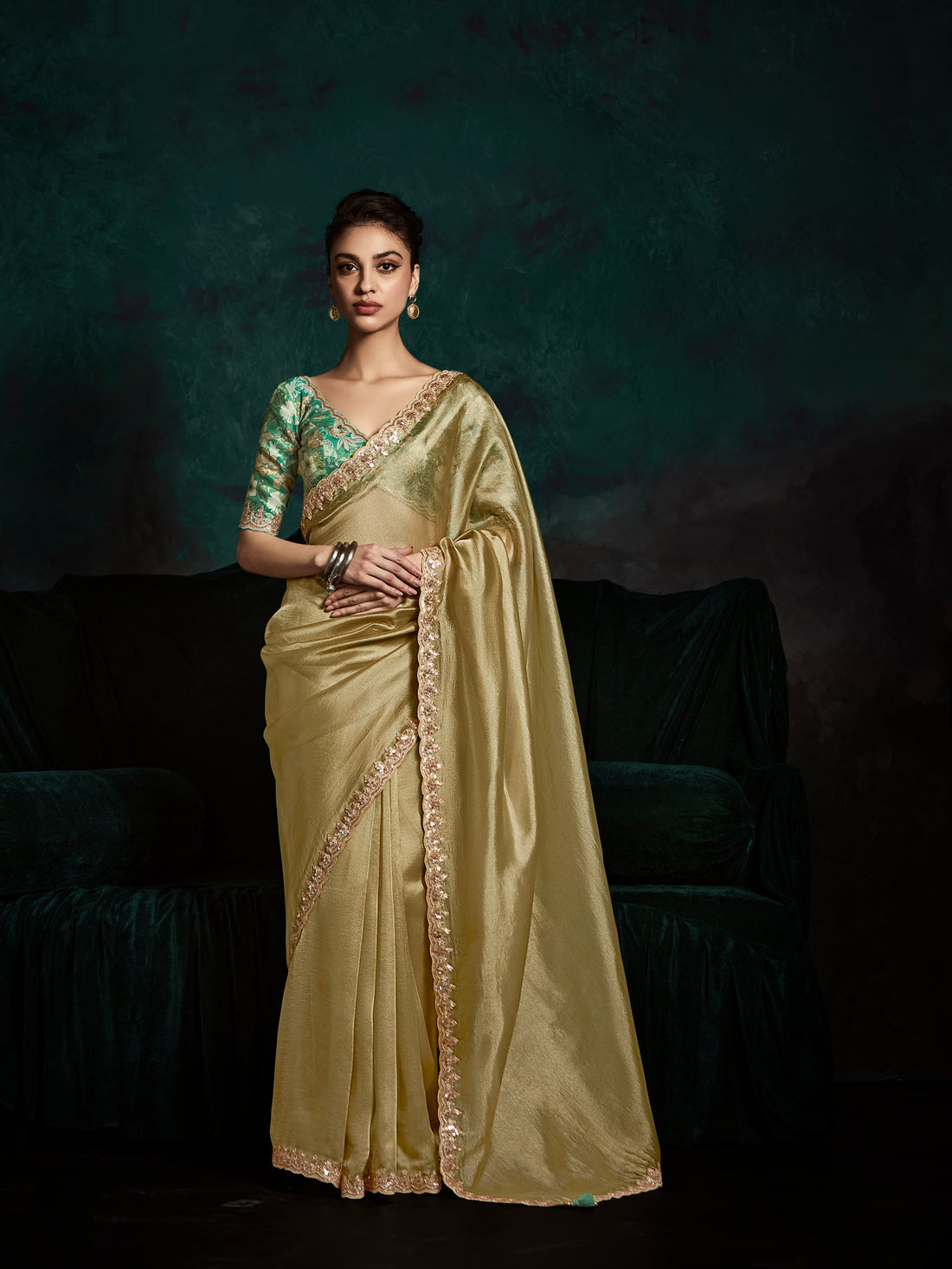 Olive Green Designer Saree with Sequins & Thread Embroidery