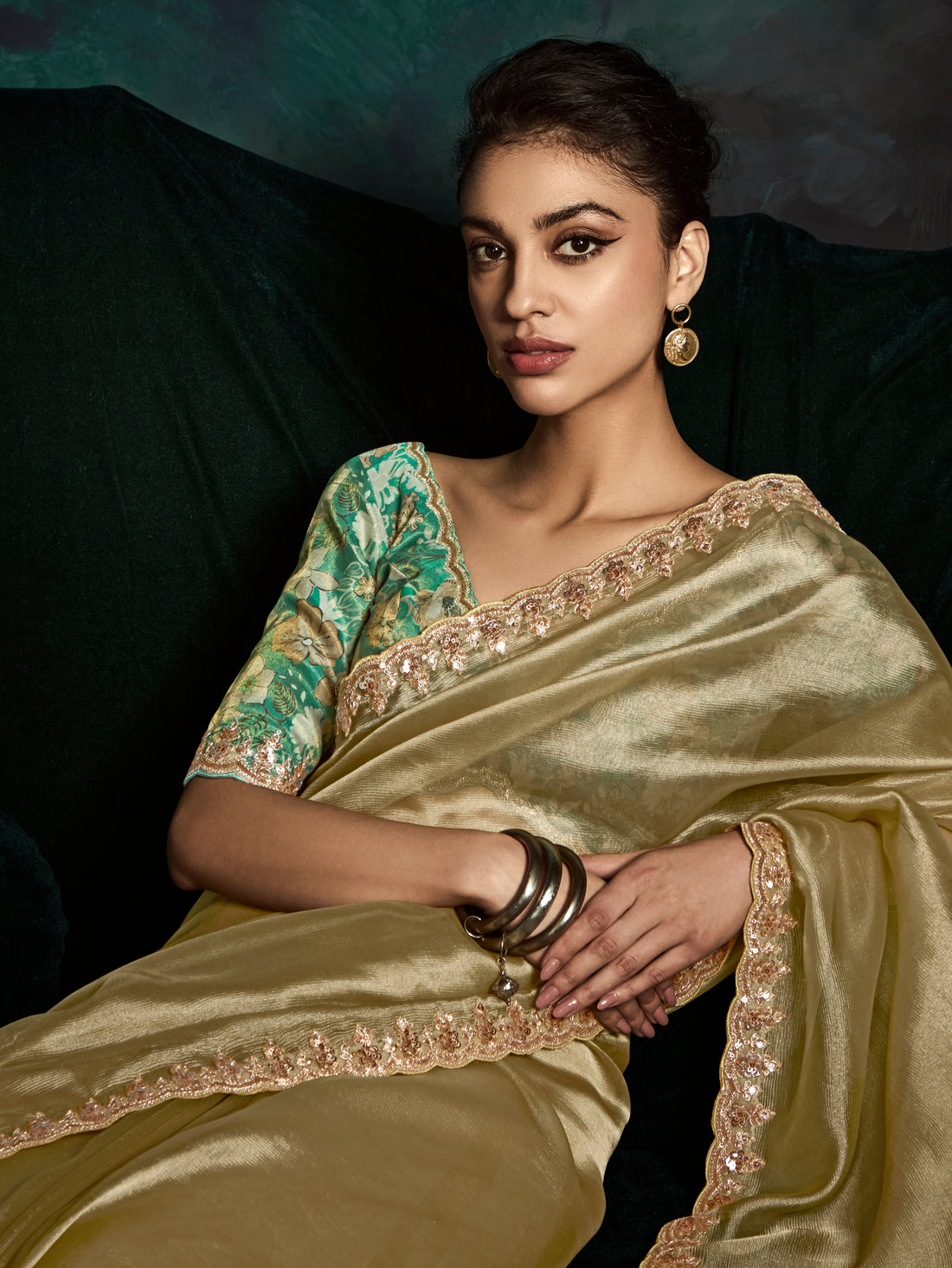 Olive Green Designer Saree with Sequins & Thread Embroidery