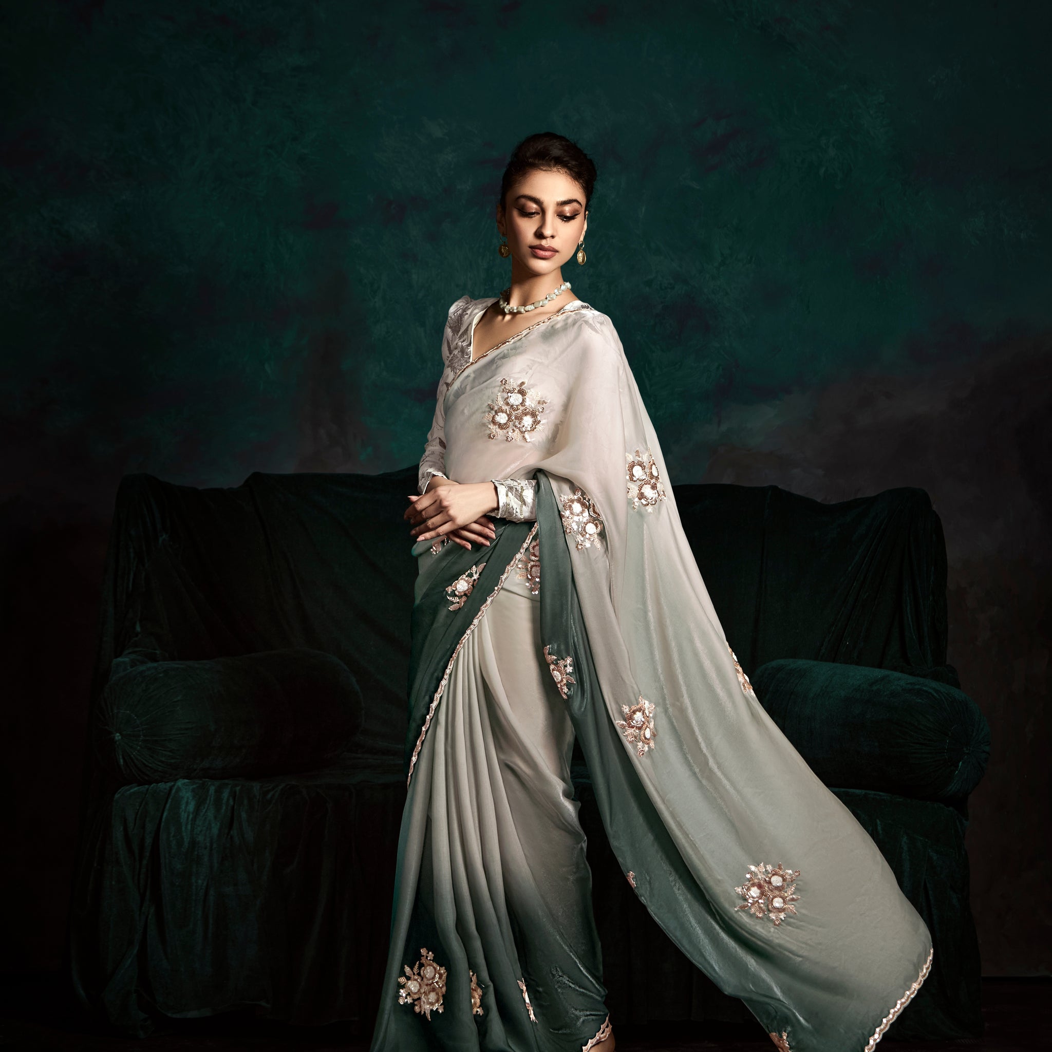 Grey & Dark Green Designer Saree with Sequins & Thread Work