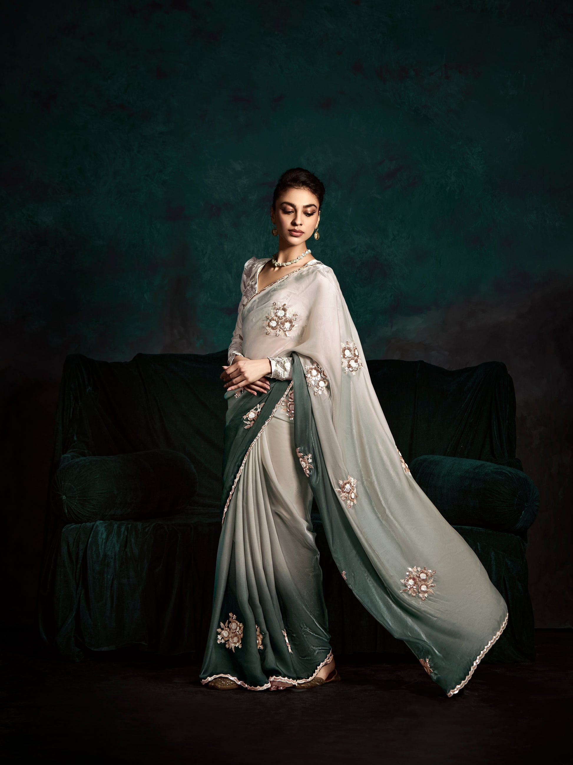 Grey & Dark Green Designer Saree with Sequins & Thread Work