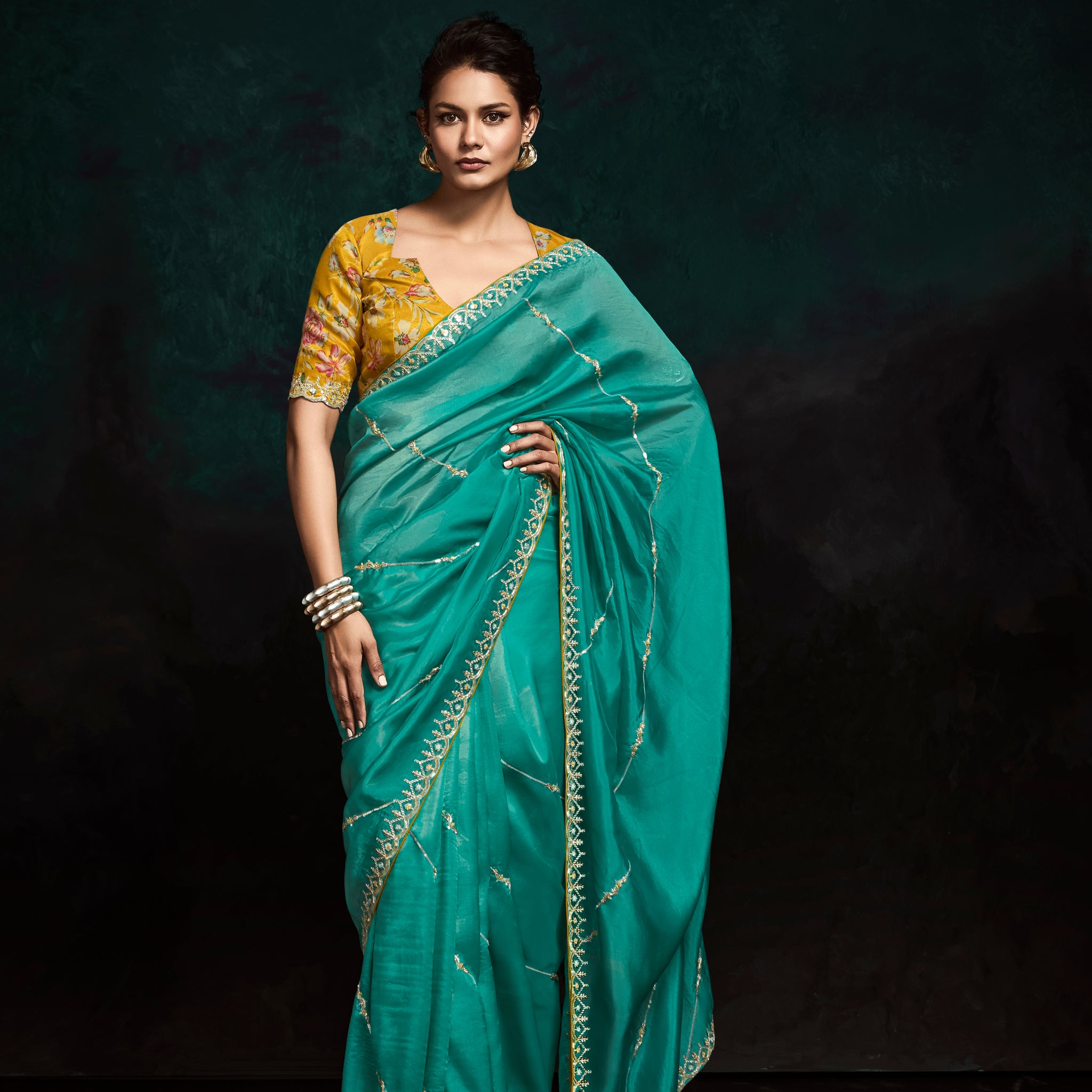 Teal Green Designer Saree with Handcrafted Sequins