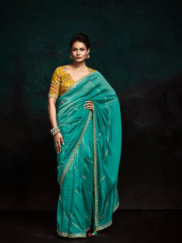 Teal Green Designer Saree with Handcrafted Sequins