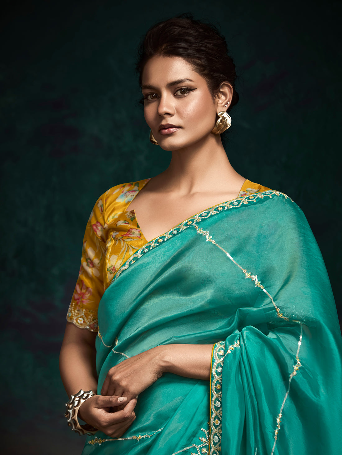 Teal Green Designer Saree with Handcrafted Sequins