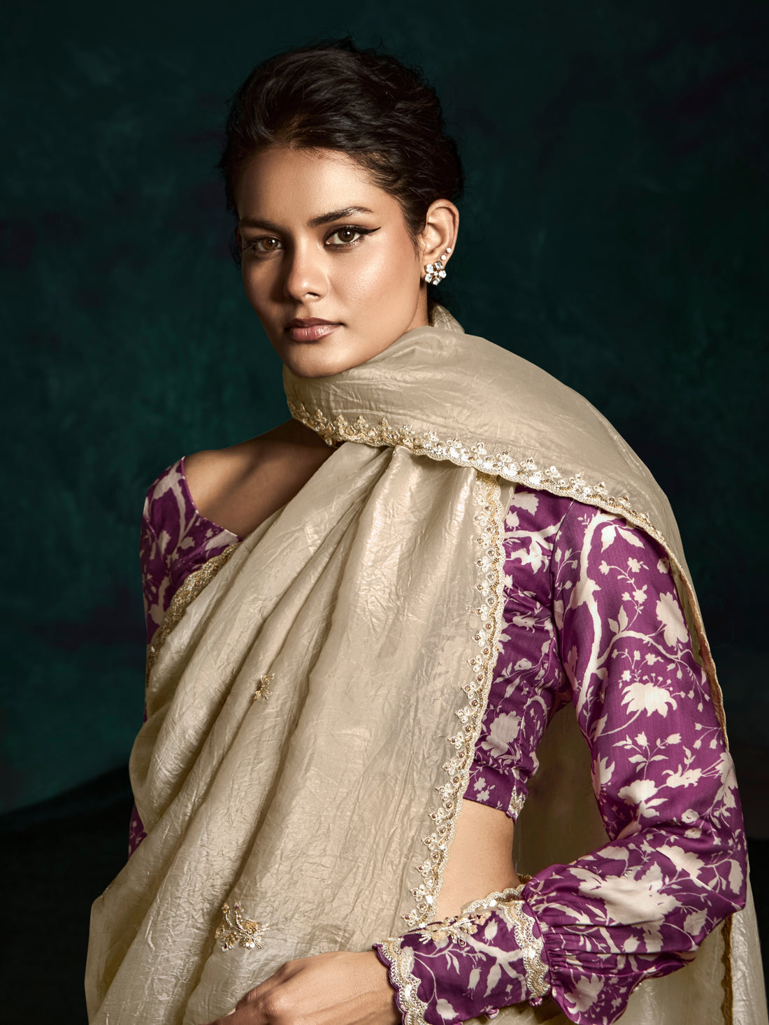 Beige Designer Saree with Sequin & Thread Embroidery