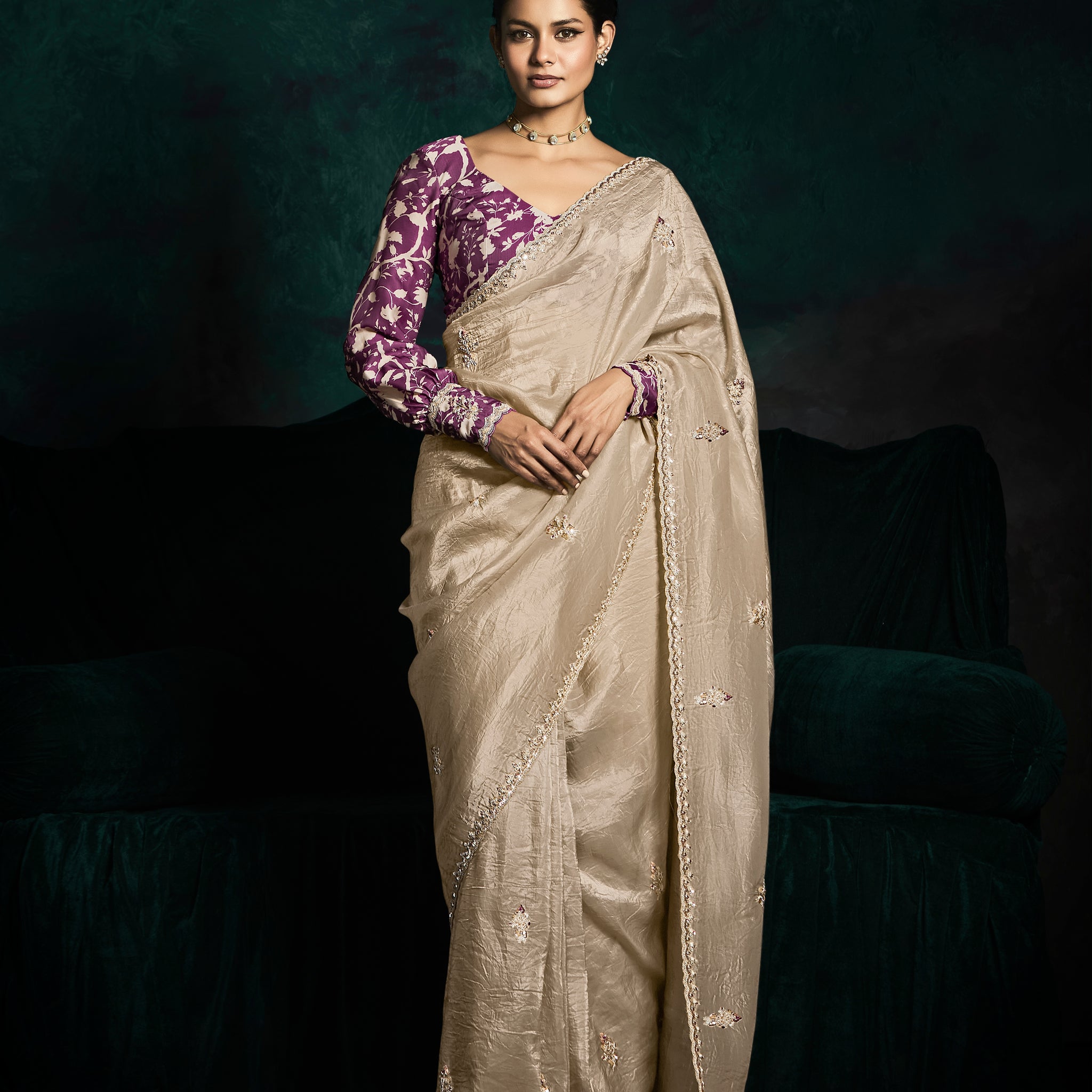 Beige Designer Saree with Sequin & Thread Embroidery