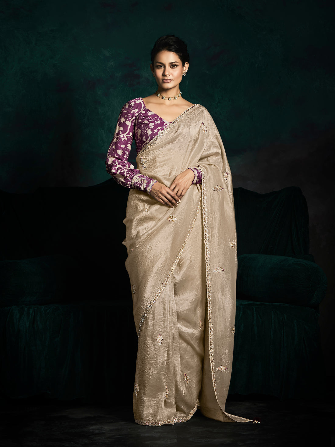 Beige Designer Saree with Sequin & Thread Embroidery