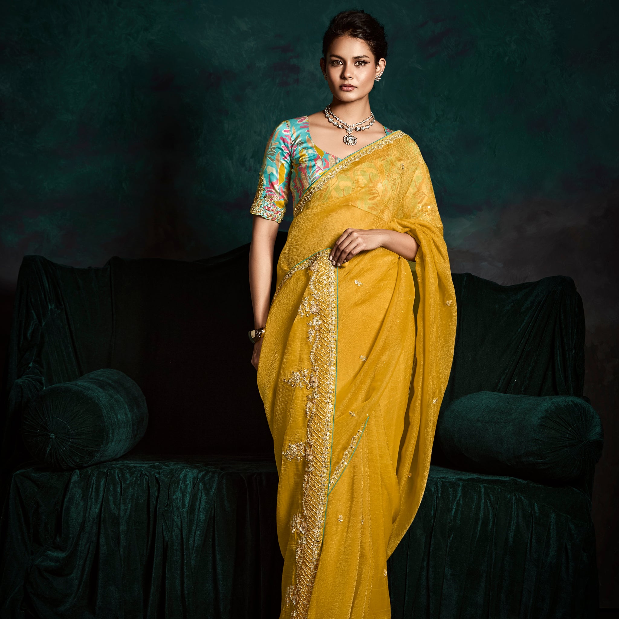 Yellow Designer Saree with Sequin & Thread Embroidery